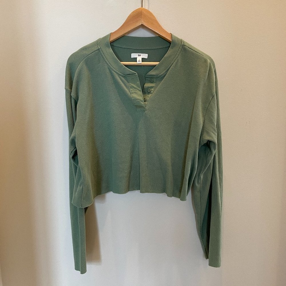 BP Nordstrom Long Sleeve Quarter Button Cropped Waffle Knit Top - Green - Medium